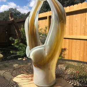 Large Vintage Handblown Glass Basket Vase, Cream & Gold